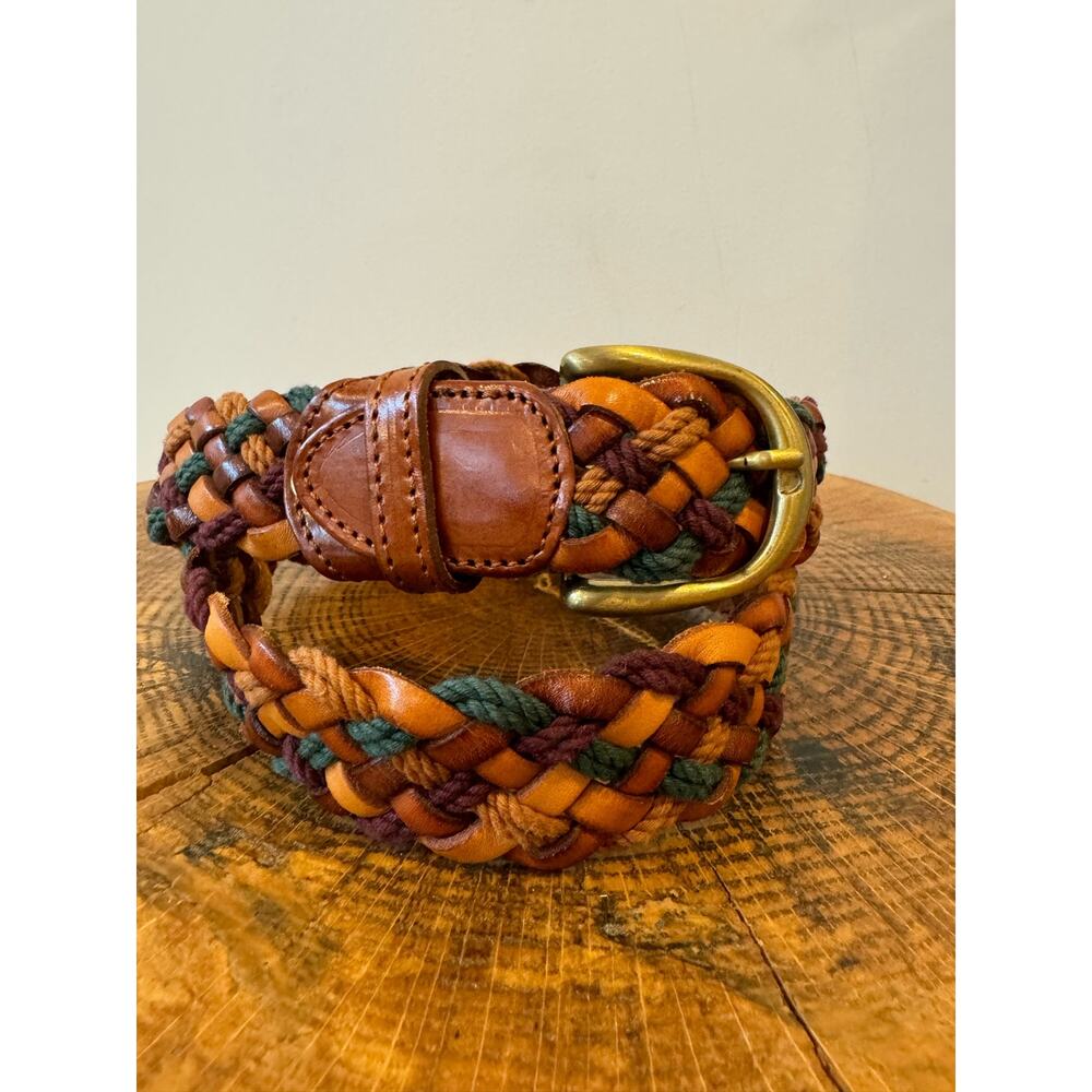 Braided leather and rope womens belt mulitcolor brown teal gold buckle 40 inches